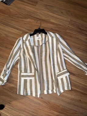 MINE Striped Open-Front Blazer in White and Olive Green